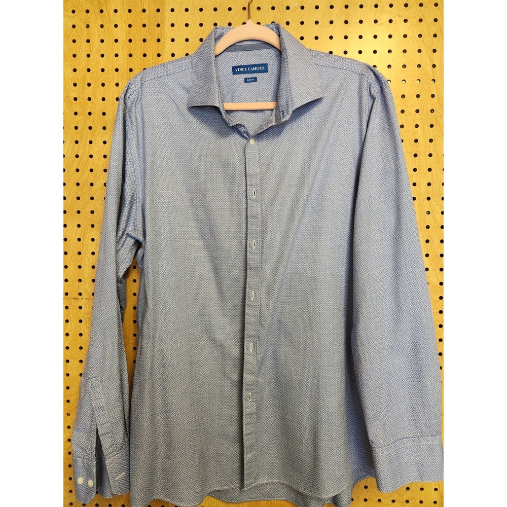 Vince Camuto Slim Fit Dress Shirt Blue White Geometric Pattern 17 34/35 Mens